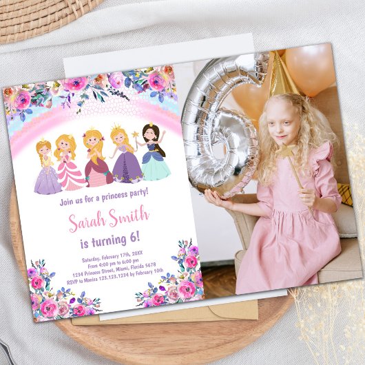 Roze foto Floral Princess Birthday - uitnodigingen