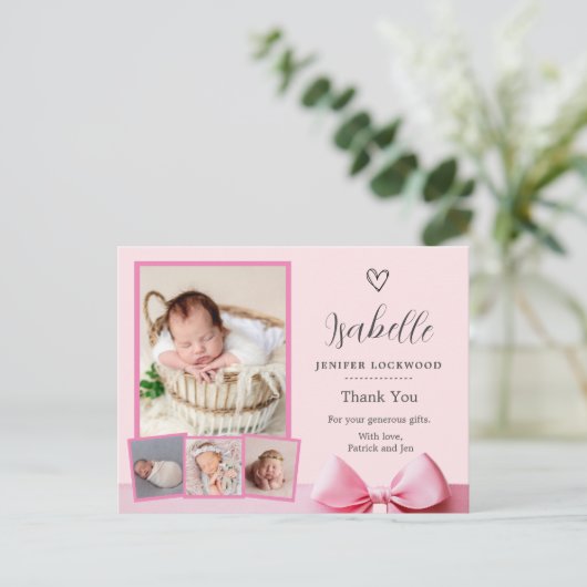 Roze Foto Geboorte Aankondiging Dankjewel Kaart (Staand voorkant)