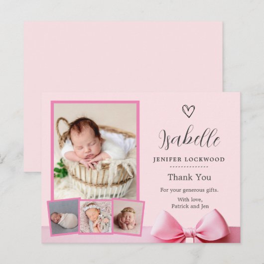 Roze Foto Geboorte Aankondiging Dankjewel Kaart (Voorkant / Achterkant)