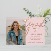 Roze Foto Grad Feest Folie Uitnodiging (Staand Voorkant)