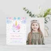 Roze foto Groene Floral Unicorn-uitnodigingen Kaart (Staand voorkant)