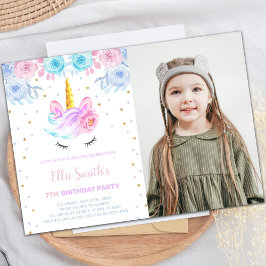 Roze foto Groene Floral Unicorn-uitnodigingen Kaart