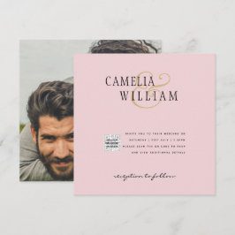 Roze Foto Huwelijksuitnodiging QR Code Bewaar Datu