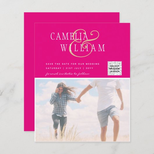 Roze Foto Huwelijksuitnodiging QR Code Bewaar Datu (Voorkant / Achterkant)