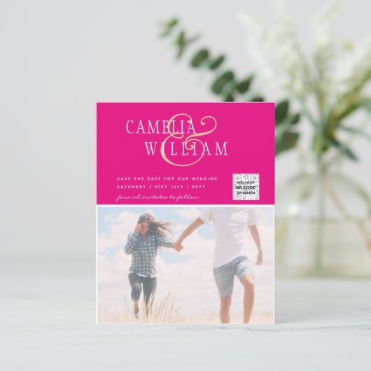 Roze Foto Huwelijksuitnodiging QR Code Bewaar Datu (Staand voorkant)
