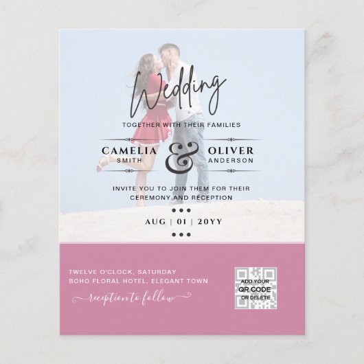 Roze Foto Huwelijksuitnodiging QR Code Bewaar Datu Flyer (Voorkant)