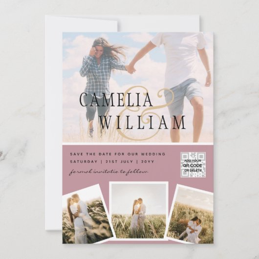 Roze Foto Huwelijksuitnodiging QR Code Bewaar Datu Kaart (Voorkant)