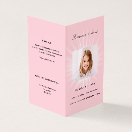 Roze foto meisje begrafenisprogramma kaart (Buitenkant)