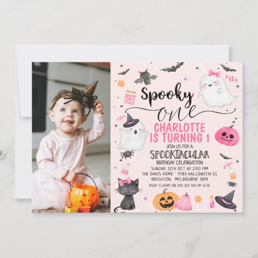Roze Foto Meisjes Spooky Een Halloween 1e Verjaard Kaart (Voorkant)