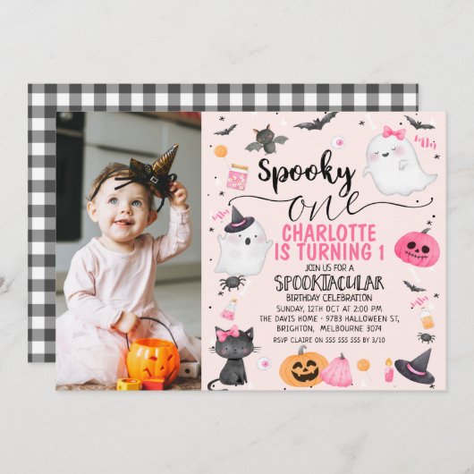 Roze Foto Meisjes Spooky Een Halloween 1e Verjaard Kaart (Voorkant / Achterkant)