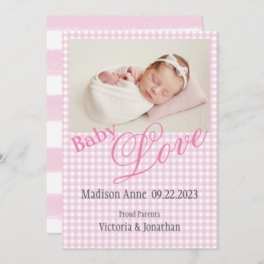 Roze foto Naam Datum geboorte Aankondiging (Voorkant / Achterkant)