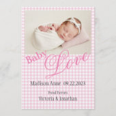 Roze foto Naam Datum geboorte Aankondiging (Voorkant)