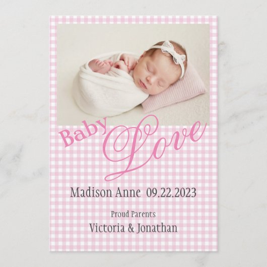 Roze foto Naam Datum geboorte Aankondiging (Voorkant)