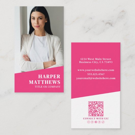 Roze Foto QR Code Verticaal Visitekaartje (Voorkant / Achterkant)