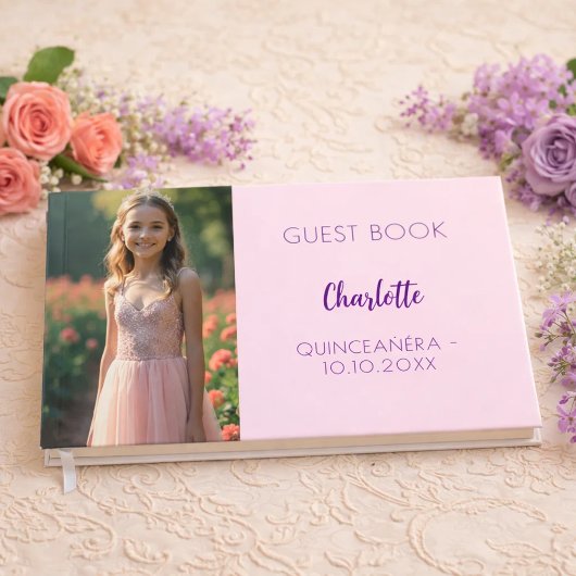 Roze foto Quinceanera Guest Book Gastenboek
