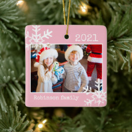 Roze foto Rand White Snowflakes Holiday Keramisch Ornament