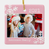 Roze foto Rand White Snowflakes Holiday Keramisch Ornament (Voorkant)