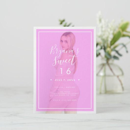 Roze foto Tint Overlay 2 Modern Minimal Sweet 16 Kaart (Staand voorkant)