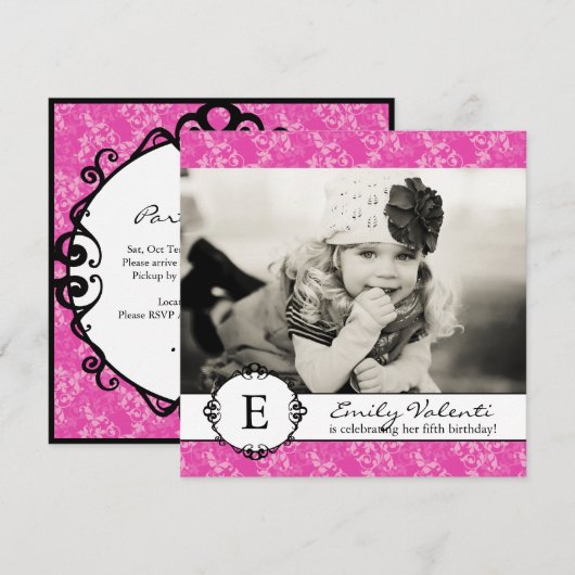 Roze Foto van Birthday Party - Uitnodiging (Voorkant / Achterkant)