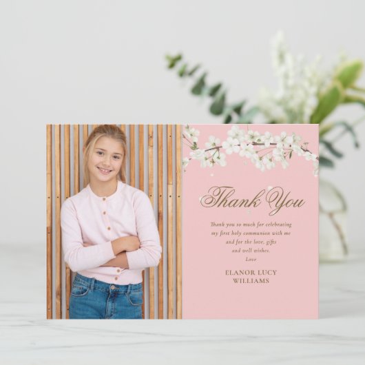 Roze foto van eerste heilige communie Witte bloese Bedankkaart (Staand voorkant)