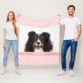 Roze Foto van Huisdier met Witte Pootjes & Naam op Fleece Deken