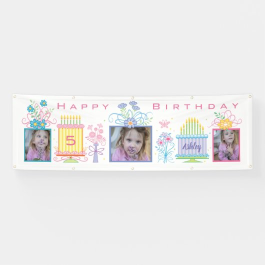 Roze foto verjaardagsbanner spandoek (Horizontaal)