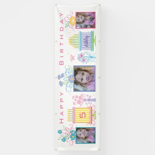 Roze foto verjaardagsbanner spandoek (Verticaal)