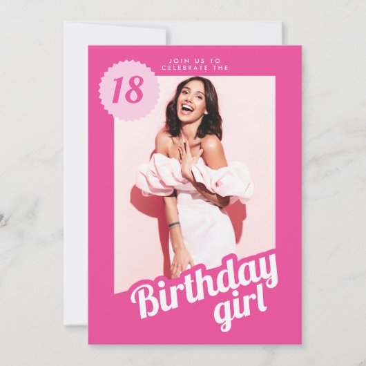 Roze foto verjaardagsuitnodiging kaart (Voorkant)