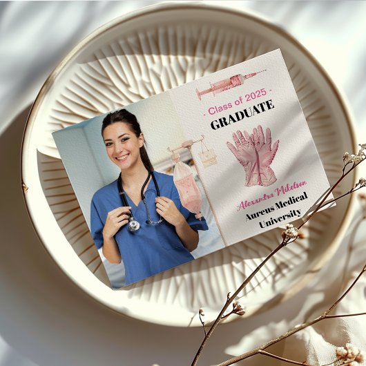 Roze Foto Waterverf Nursing School Afstuderen Aankondiging