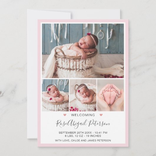 Roze foto Welkom Baby Stats Newborn Girl Birth Aankondiging (Voorkant)