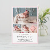 Roze foto Welkom Baby Stats Newborn Girl Birth Aankondiging (Staand voorkant)