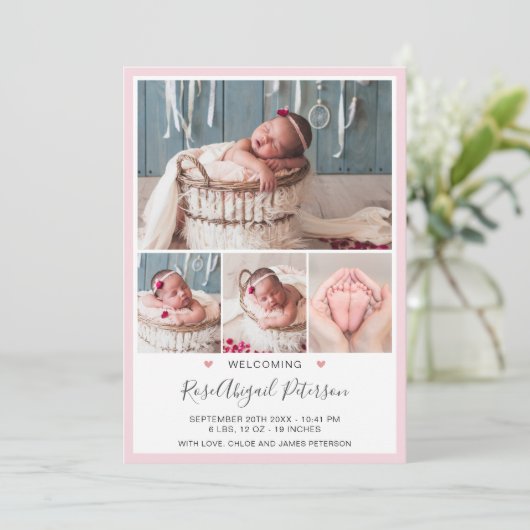 Roze foto Welkom Baby Stats Newborn Girl Birth Aankondiging (Staand voorkant)