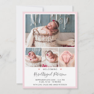 Roze foto Welkom Baby Stats Newborn Girl Birth Aankondiging
