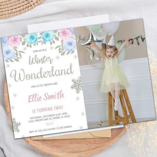 Roze foto Winter Wonderland Birthday Uitnodiging