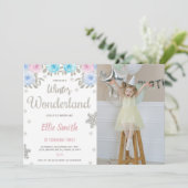 Roze foto Winter Wonderland Birthday Uitnodiging (Staand voorkant)