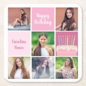 Roze Fotocollage Custom Verjaardagsfeest voor Vrou Kartonnen Onderzetters (Voorkant)