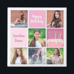Roze Fotocollage Custom Verjaardagsfeest voor Vrou Magneet<br><div class="desc">aangepaste vrouwen verjaardagsfeestje voorkeur magneten met een 6 foto template collage van een jonge vrouw of tienermeisje met haar naam op de leuke roze vierkantjes naast een mooie verjaardagstaart. Gepersonaliseerde girly Happy Birthday magneet.</div>