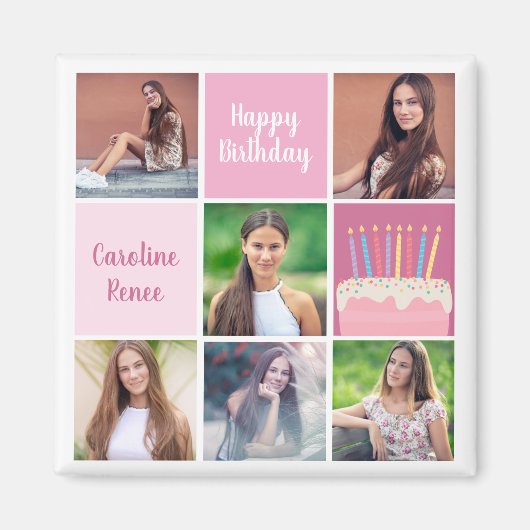 Roze Fotocollage Custom Verjaardagsfeest voor Vrou Magneet (Voorkant)