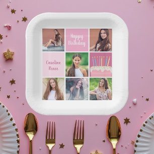 Roze Fotocollage Custom Verjaardagsfeest voor Vrou Papieren Bordje