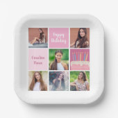 Roze Fotocollage Custom Verjaardagsfeest voor Vrou Papieren Bordje (Voorkant)