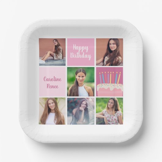 Roze Fotocollage Custom Verjaardagsfeest voor Vrou Papieren Bordje (Voorkant)