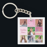 Roze Fotocollage Custom Verjaardagsfeest voor Vrou Sleutelhanger<br><div class="desc">aangepaste vrouwen verjaardagsfeest sleutelhanger met een 6 foto template collage van een jonge vrouw of tiener meisje met haar naam op de leuke roze pleinen naast een mooie verjaardagstaart. Gepersonaliseerde girly Happy Birthday cadeau.</div>