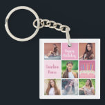 Roze Fotocollage Custom Verjaardagsfeest voor Vrou Sleutelhanger<br><div class="desc">aangepaste vrouwen verjaardagsfeest sleutelhanger met een 6 foto template collage van een jonge vrouw of tiener meisje met haar naam op de leuke roze pleinen naast een mooie verjaardagstaart. Gepersonaliseerde girly Happy Birthday cadeau.</div>