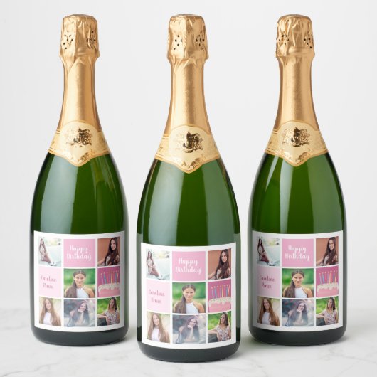 Roze Fotocollage Custom Verjaardagsfeest voor Vrou Sparkling Wijnetiket (Flessen)
