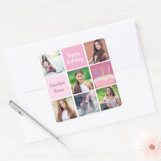 Roze Fotocollage Custom Verjaardagsfeest voor Vrou Vierkante Sticker (Envelop)