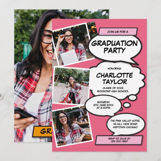 Roze fotocollage Modern Fun Graduation Party Kaart (Voorkant / Achterkant)