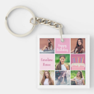 Roze fotocollage op maat voor meisjes verjaardagsf sleutelhanger