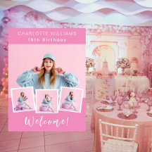 Roze fotocollage verjaardagsfeestje welkom