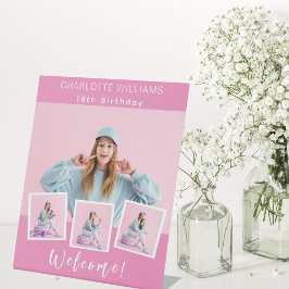 Roze fotocollage verjaardagsfeestje welkom reclamebord met voetstuk