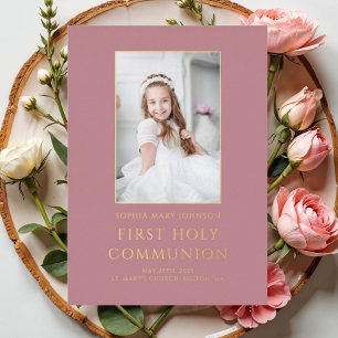 Roze fotomeisje eerste heilige communie goud  folie uitnodiging
